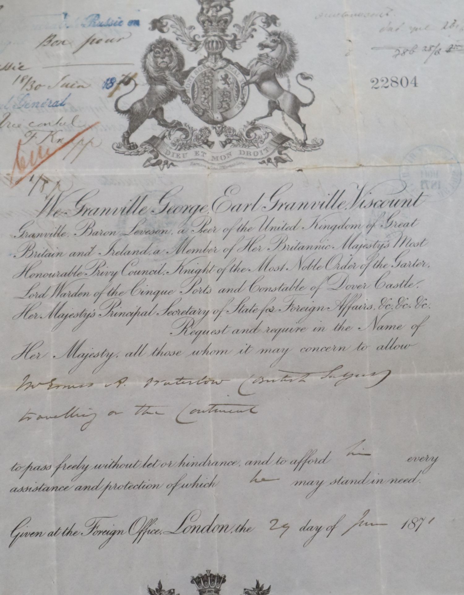 An 1871 passport for Earl Granville Viscount